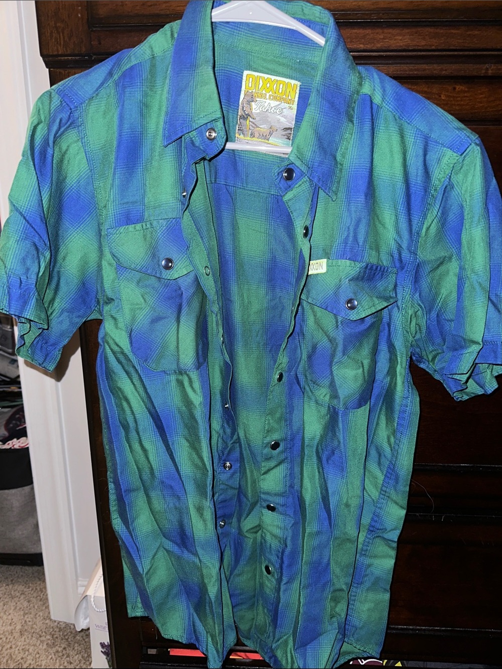 DIXXON Blue & Green Plaid Short-Sleeve Button-Up Shirt (Bamboo) Men’s XS (Tahoe)